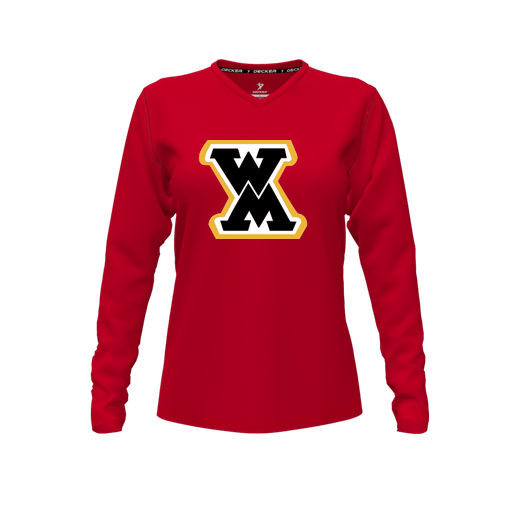 [CUS-DFW-TEES-PER-VNK-LSL-RED-FYXS-LOGO1] Performance T-Shirt (Female Youth XS, Red, V Neck, Logo 1, Long Sleeve)